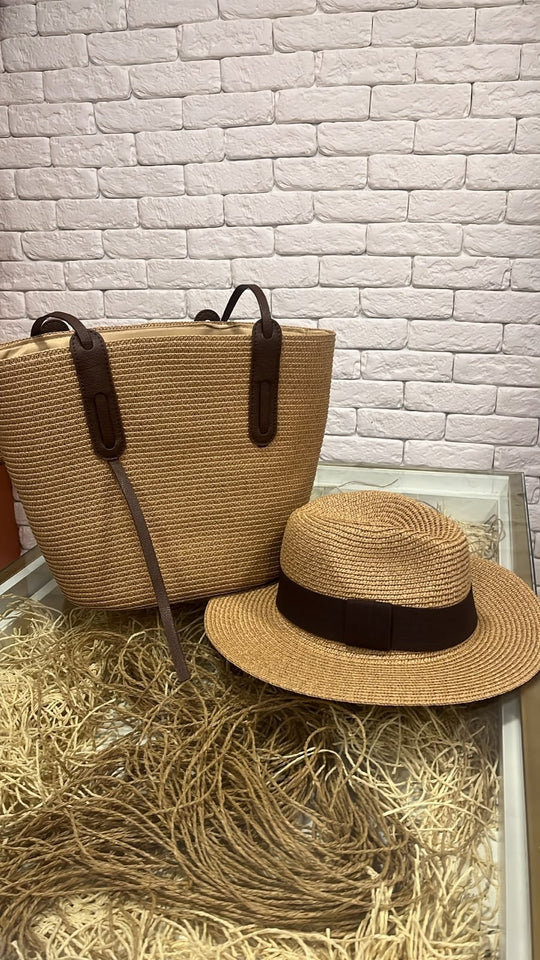 KIT CHAPÉU COM FAIXA MARROM + BOLSA BERLIM